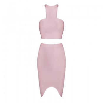 2 Piece Sets Fashion Bandage Dress Strapless Short Crop Top Patchwork Knee-Length Skirts